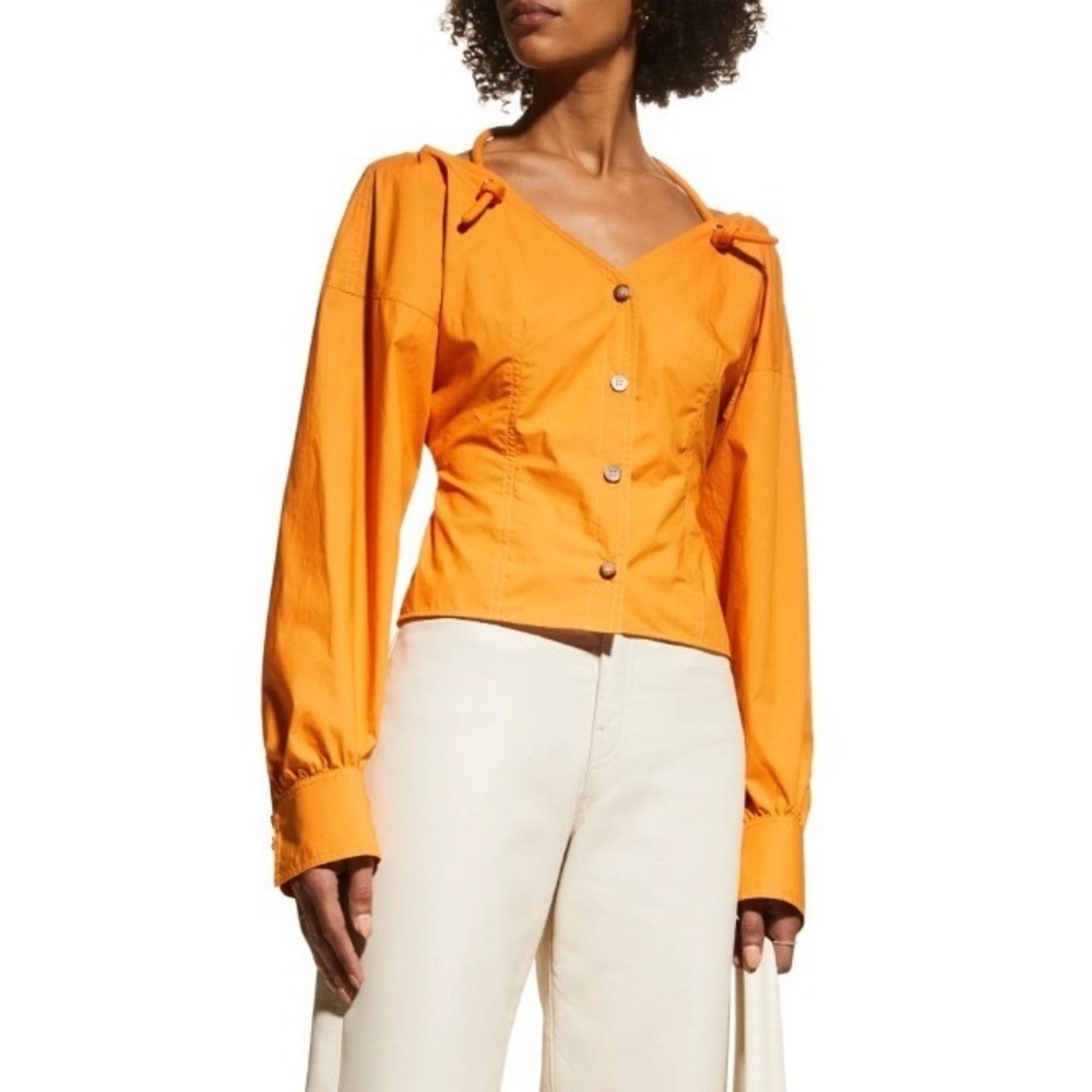 Nanushka Tami Orange Cotton Poplin Halter Neck Button Front Blouse Top Large